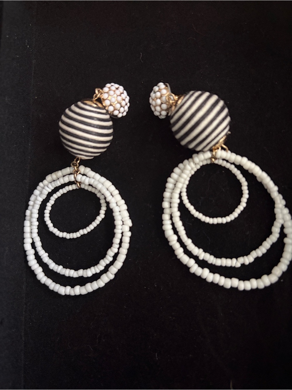 Vintage Style White Beaded Dangling Hoop Earrings with Striped Spherical Charms